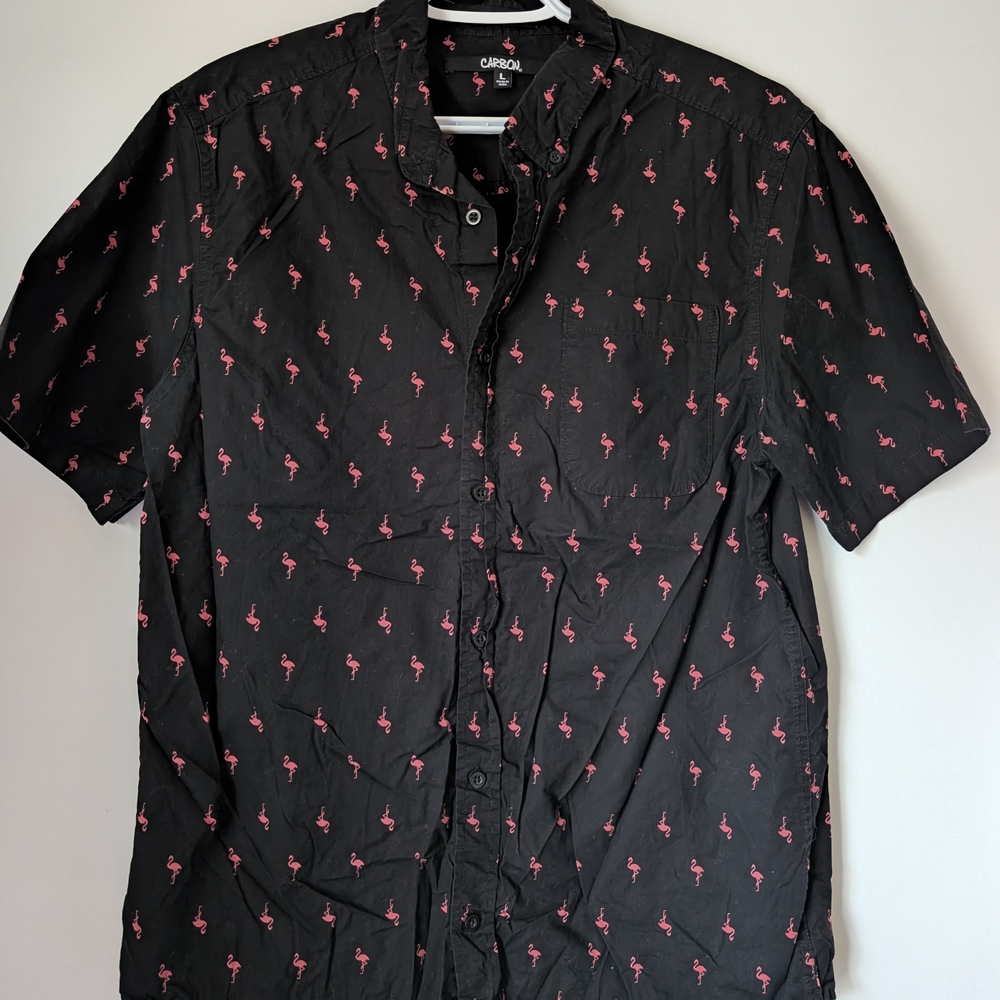Carbon Black and Pink Flamingo Casual Button Down Shirt